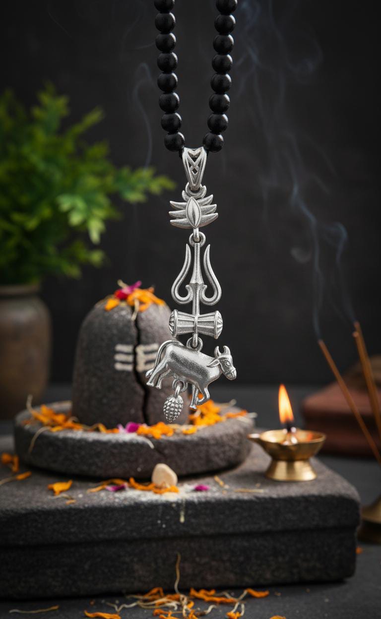 Silver Coated SSMB 29 Sacred Nandi and Trishul Pendant